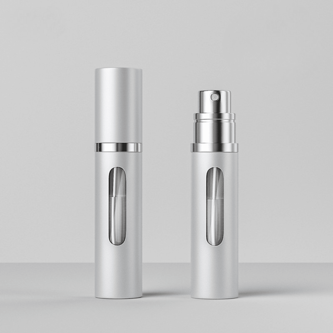 Portable Glass Spray Atomizer in Silver and Black, featuring a refillable design for convenient travel and easy perfume dispensing. 2