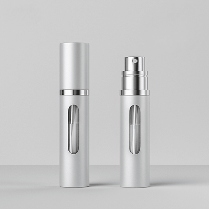 Portable Glass Spray Atomizer in Silver and Black, featuring a refillable design for convenient travel and easy perfume dispensing. 2