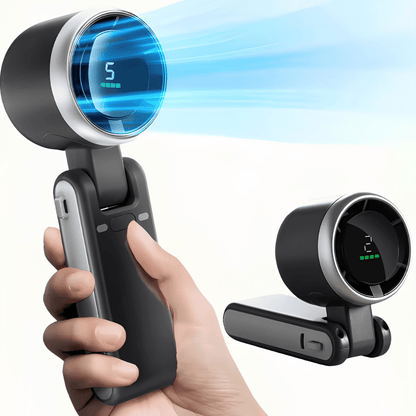 Portable handheld fan featuring a foldable design, 5 adjustable speed settings, and a rechargeable battery, perfect for personal cooling on the go. 0
