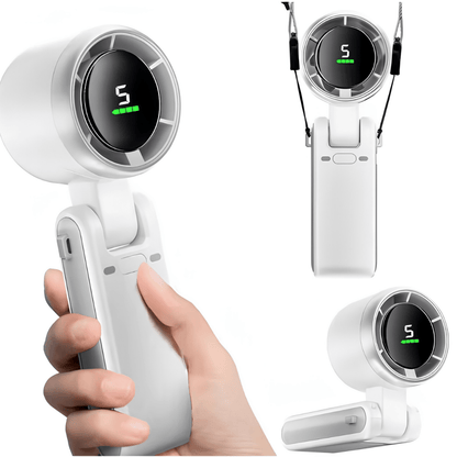 Portable handheld fan featuring a foldable design, 5 adjustable speed settings, and a rechargeable battery, perfect for personal cooling on the go. 3