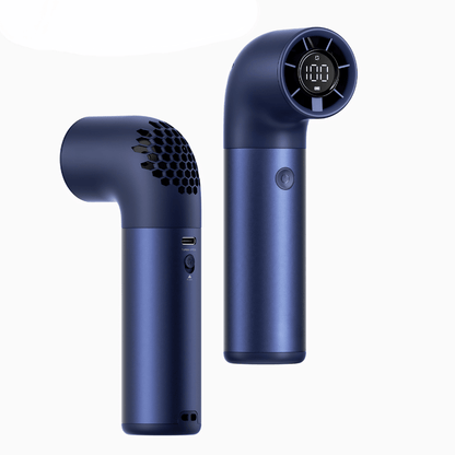 Portable handheld fan with rechargeable battery, foldable design, and 6-speed cooling options, perfect for on-the-go use. 1