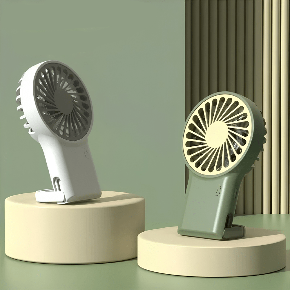 Portable handheld fan with USB rechargeable battery, featuring a foldable design for easy portability, perfect for on-the-go cooling solutions. 5