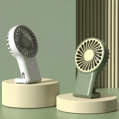 Portable handheld fan with USB rechargeable battery, featuring a foldable design for easy portability, perfect for on-the-go cooling solutions. 5