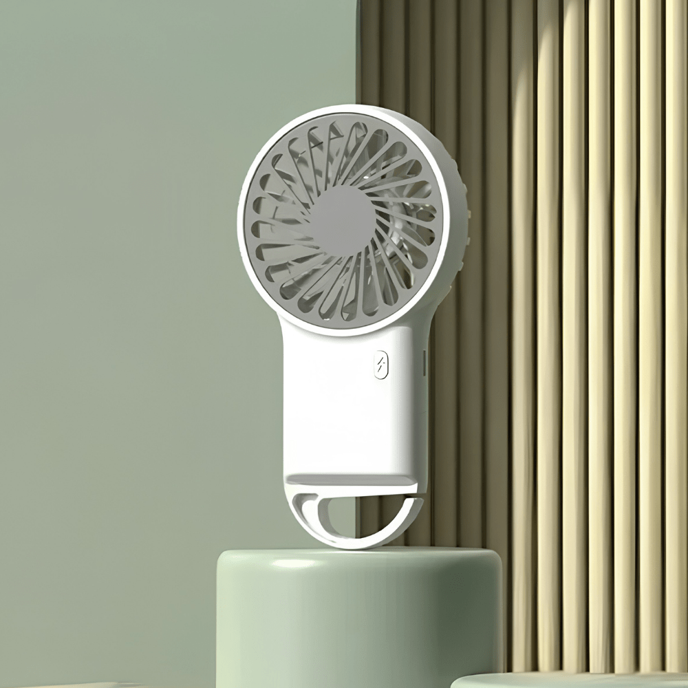 Portable handheld fan with USB rechargeable battery, featuring a foldable design for easy portability, perfect for on-the-go cooling solutions. 4