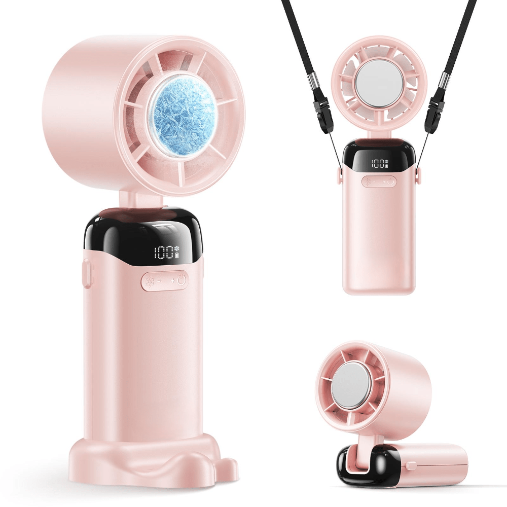 Portable handheld fan featuring USB rechargeable turbo airflow, designed for easy travel with its compact and lightweight design, perfect for staying cool on the go. 2
