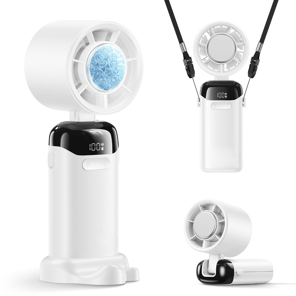 Portable handheld fan featuring USB rechargeable turbo airflow, designed for easy travel with its compact and lightweight design, perfect for staying cool on the go. 3