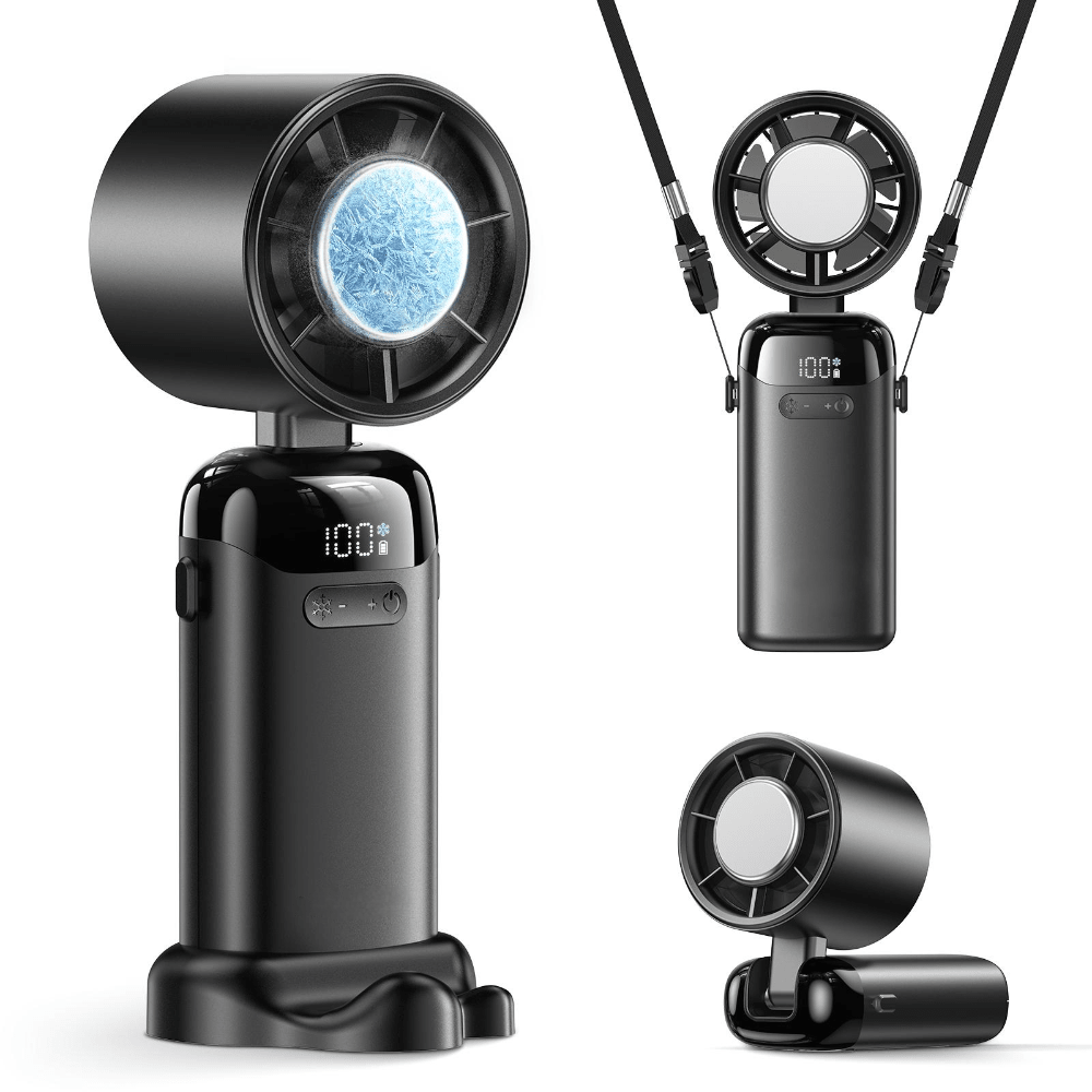 Portable handheld fan featuring USB rechargeable turbo airflow, designed for easy travel with its compact and lightweight design, perfect for staying cool on the go. 1