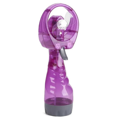 Portable handheld misting fan with rechargeable battery, perfect for travel and outdoor use, featuring a sleek design and cooling spray functionality. 2