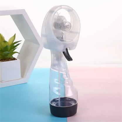 Portable handheld misting fan with rechargeable battery, perfect for travel and outdoor use, featuring a sleek design and cooling spray functionality. 6