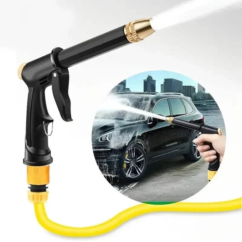 Portable high-pressure hose pipe nozzle featuring an adjustable spray function, ideal for outdoor cleaning tasks such as washing cars, patios, and garden furniture. 0