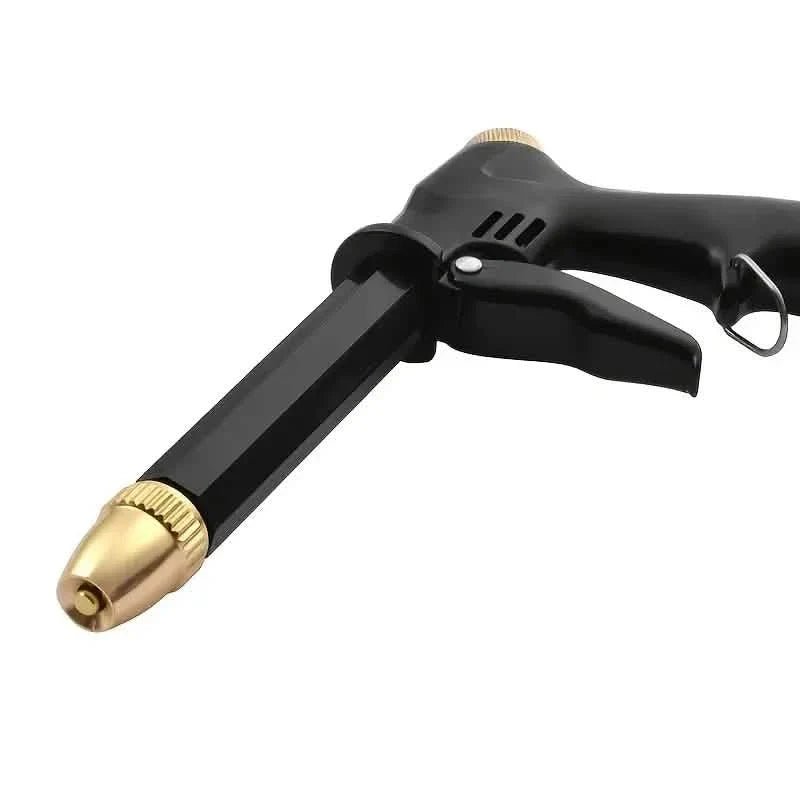 Portable high-pressure hose pipe nozzle featuring an adjustable spray function, ideal for outdoor cleaning tasks such as washing cars, patios, and garden furniture. 2