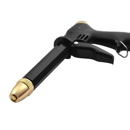 Portable high-pressure hose pipe nozzle featuring an adjustable spray function, ideal for outdoor cleaning tasks such as washing cars, patios, and garden furniture. 2