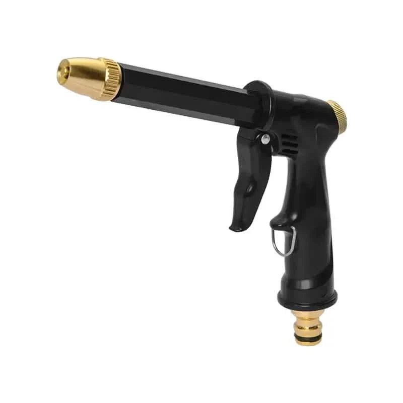 Portable high-pressure hose pipe nozzle featuring an adjustable spray function, ideal for outdoor cleaning tasks such as washing cars, patios, and garden furniture. 1