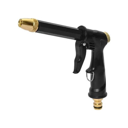 Portable high-pressure hose pipe nozzle featuring an adjustable spray function, ideal for outdoor cleaning tasks such as washing cars, patios, and garden furniture. 1