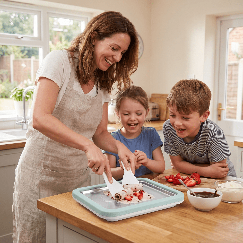 Portable Ice Cream Roll Maker featuring a quick cooling plate, designed for easy countertop use to create delicious rolled ice cream desserts at home. 8
