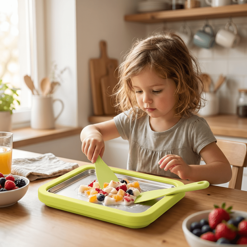 Portable Ice Cream Roll Maker featuring a quick cooling plate, designed for easy countertop use to create delicious rolled ice cream desserts at home. 1
