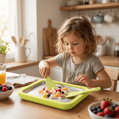 Portable Ice Cream Roll Maker featuring a quick cooling plate, designed for easy countertop use to create delicious rolled ice cream desserts at home. 1