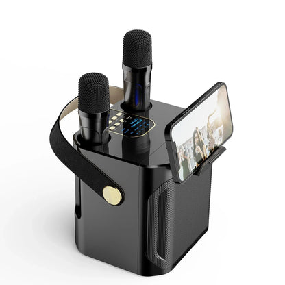 Portable karaoke speaker featuring dual wireless microphones and 360° surround sound, perfect for parties and gatherings, with Bluetooth connectivity for easy music streaming. 5