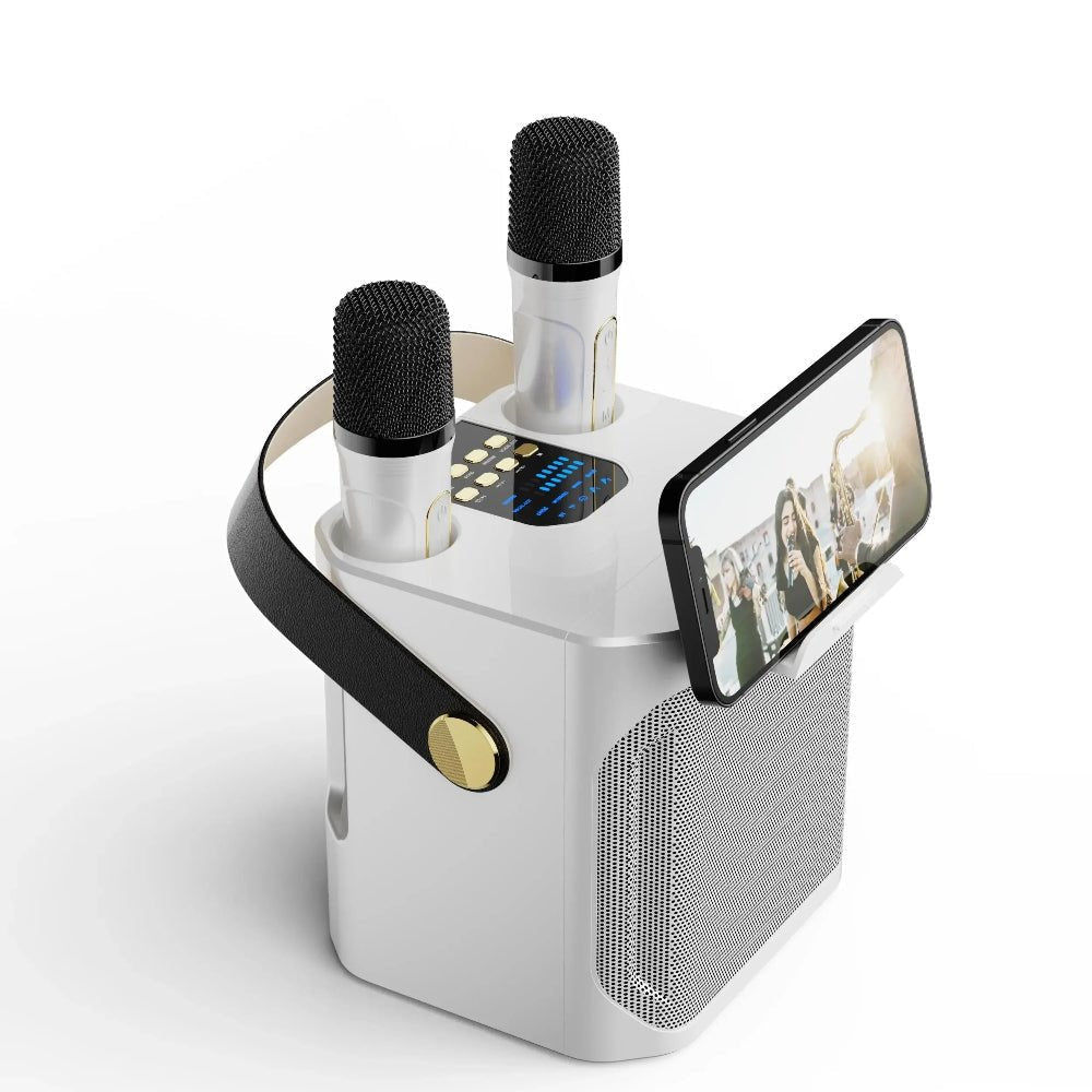 Portable karaoke speaker featuring dual wireless microphones and 360° surround sound, perfect for parties and gatherings, with Bluetooth connectivity for easy music streaming. 0