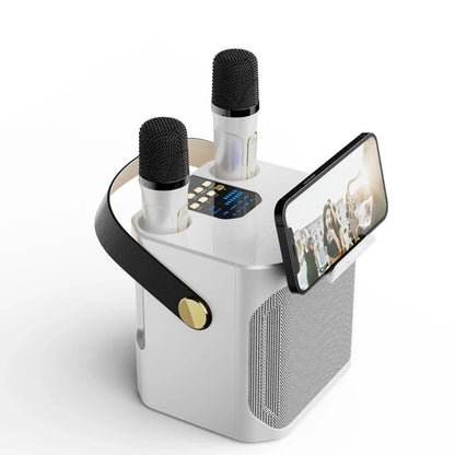 Portable karaoke speaker featuring dual wireless microphones and 360° surround sound, perfect for parties and gatherings, with Bluetooth connectivity for easy music streaming. 0