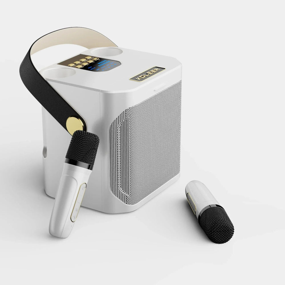 Portable karaoke speaker featuring dual wireless microphones and 360° surround sound, perfect for parties and gatherings, with Bluetooth connectivity for easy music streaming. 4