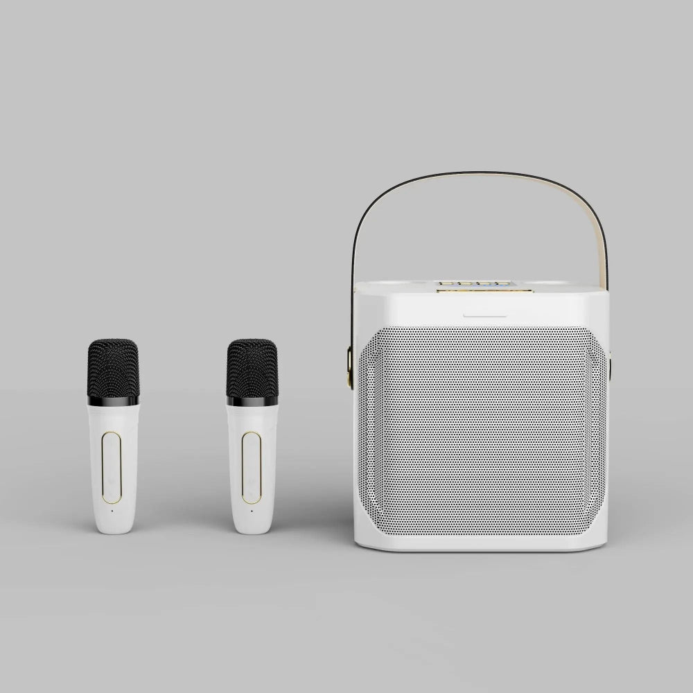 Portable karaoke speaker featuring dual wireless microphones and 360° surround sound, perfect for parties and gatherings, with Bluetooth connectivity for easy music streaming. 1