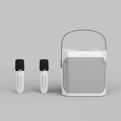 Portable karaoke speaker featuring dual wireless microphones and 360° surround sound, perfect for parties and gatherings, with Bluetooth connectivity for easy music streaming. 1