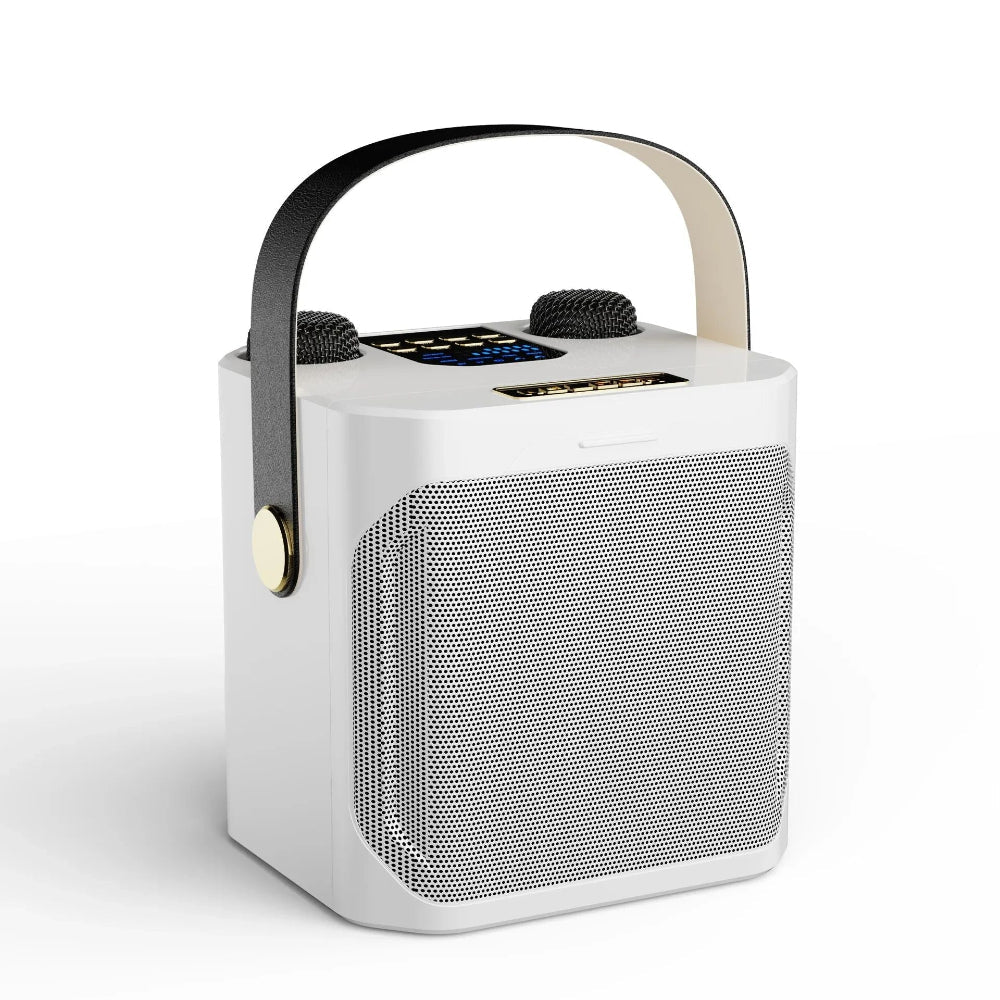 Portable karaoke speaker featuring dual wireless microphones and 360° surround sound, perfect for parties and gatherings, with Bluetooth connectivity for easy music streaming. 2
