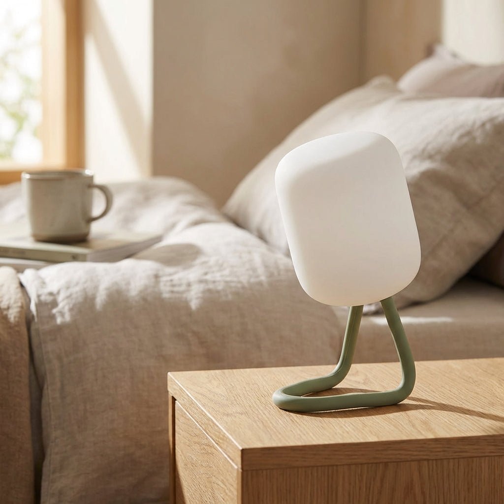 Portable LED night light featuring a soft ambient glow, available in green and blue, designed for battery-powered convenience and compact use. 1