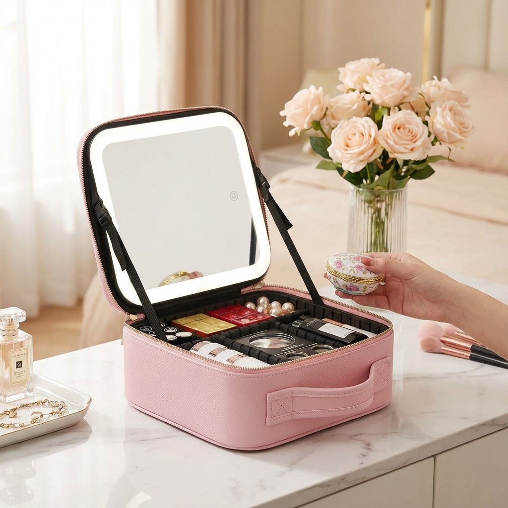Portable Makeup Station featuring a Dimmable Ring Light Mirror, USB Rechargeable Travel Case, and Customizable Layout for On-the-Go Beauty. 1