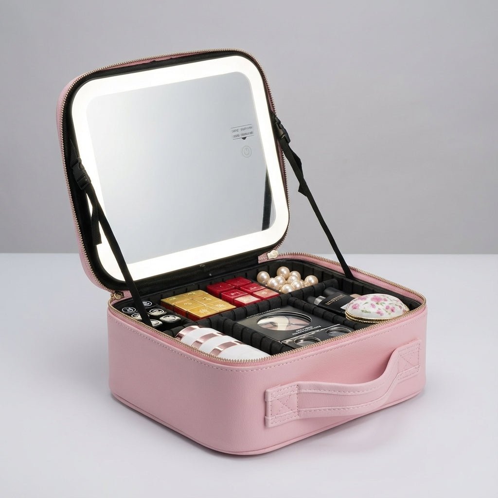 Portable Makeup Station featuring a Dimmable Ring Light Mirror, USB Rechargeable Travel Case, and Customizable Layout for On-the-Go Beauty. 2