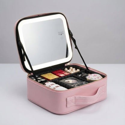 Portable Makeup Station featuring a Dimmable Ring Light Mirror, USB Rechargeable Travel Case, and Customizable Layout for On-the-Go Beauty. 2