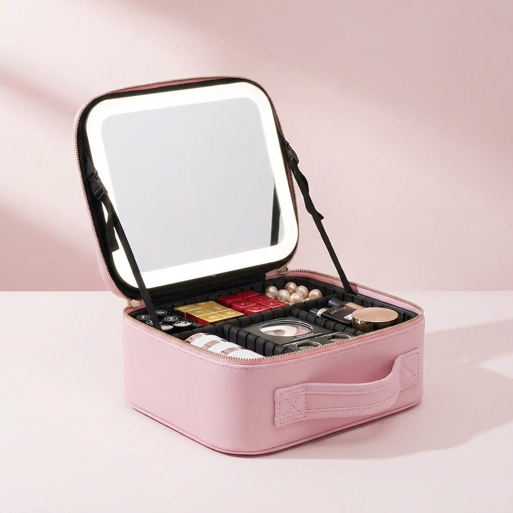 Portable Makeup Station featuring a Dimmable Ring Light Mirror, USB Rechargeable Travel Case, and Customizable Layout for On-the-Go Beauty. 0