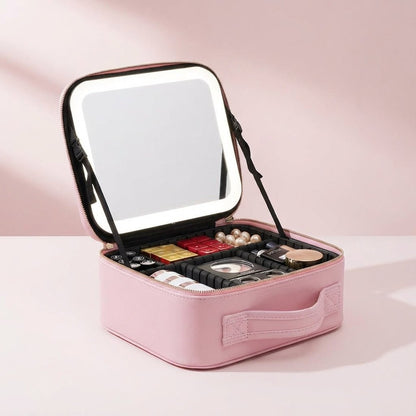 Portable Makeup Station featuring a Dimmable Ring Light Mirror, USB Rechargeable Travel Case, and Customizable Layout for On-the-Go Beauty. 0