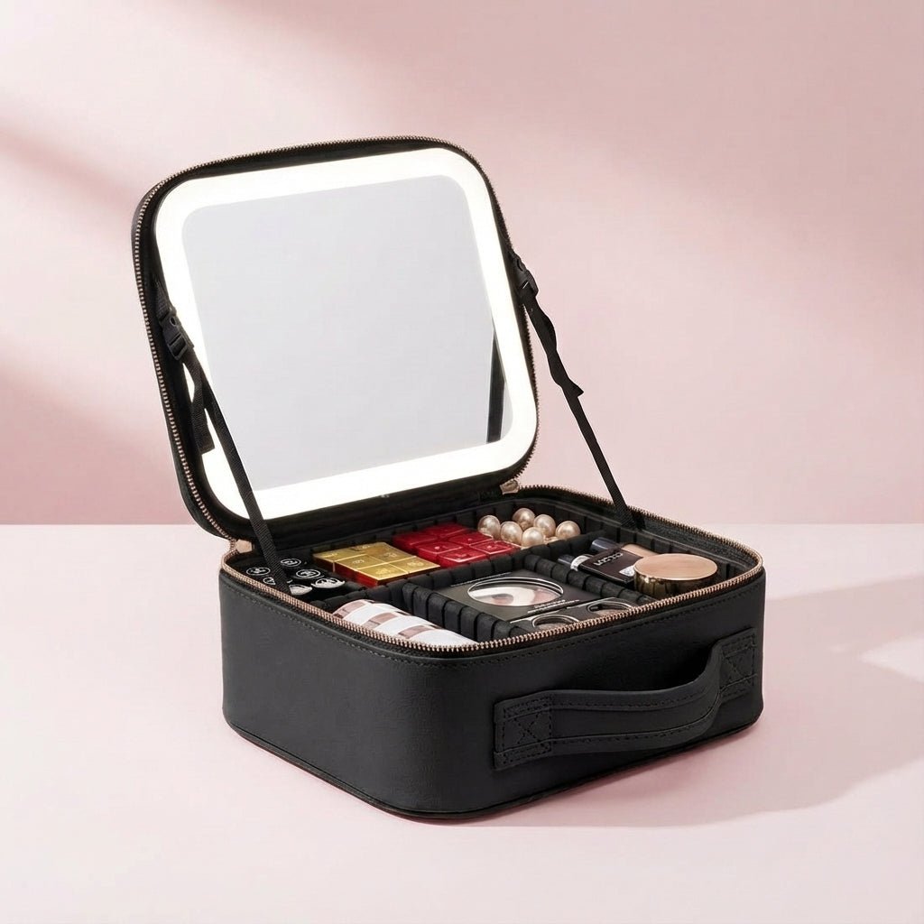 Portable Makeup Station featuring a Dimmable Ring Light Mirror, USB Rechargeable Travel Case, and Customizable Layout for On-the-Go Beauty. 4