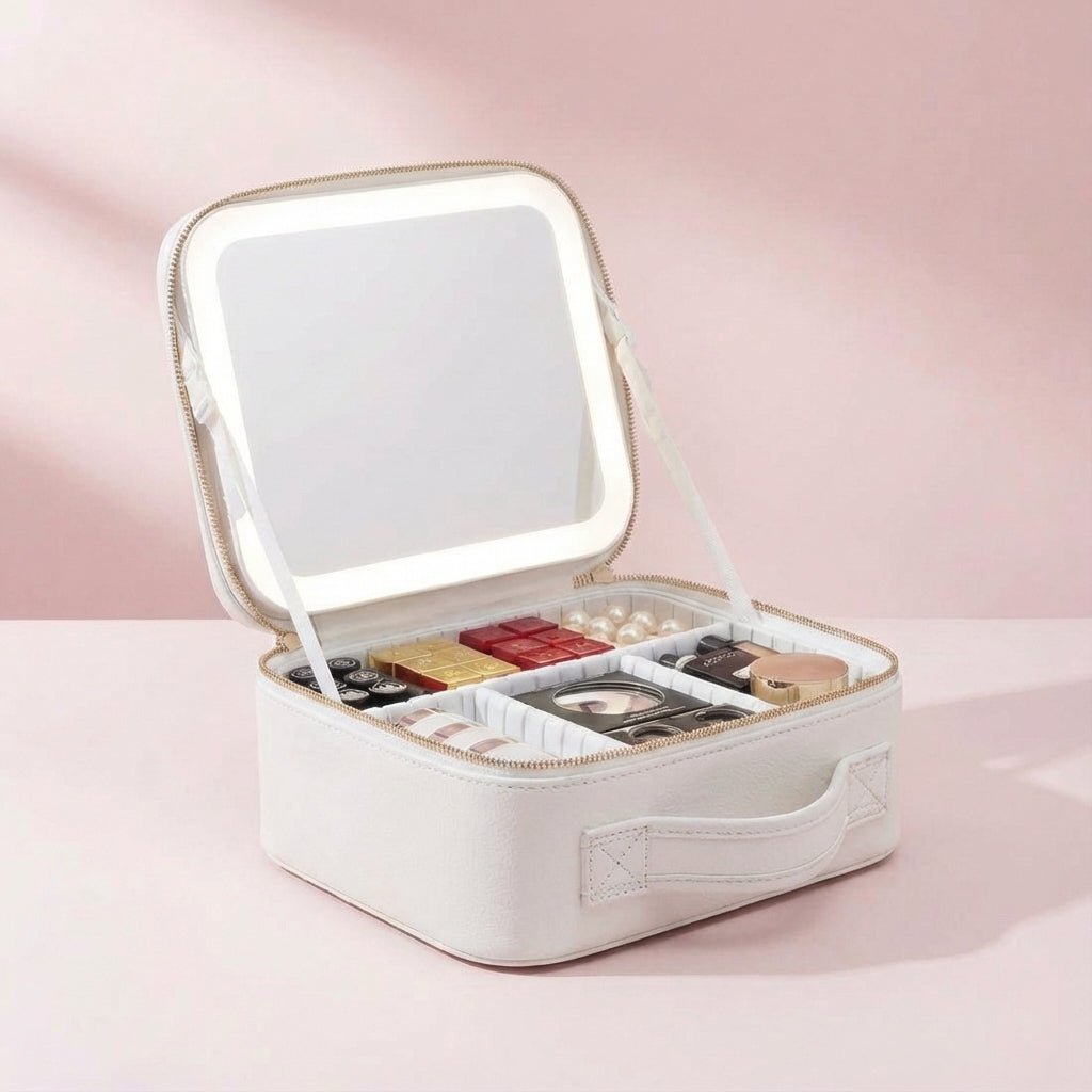 Portable Makeup Station featuring a Dimmable Ring Light Mirror, USB Rechargeable Travel Case, and Customizable Layout for On-the-Go Beauty. 5