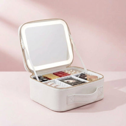 Portable Makeup Station featuring a Dimmable Ring Light Mirror, USB Rechargeable Travel Case, and Customizable Layout for On-the-Go Beauty. 5