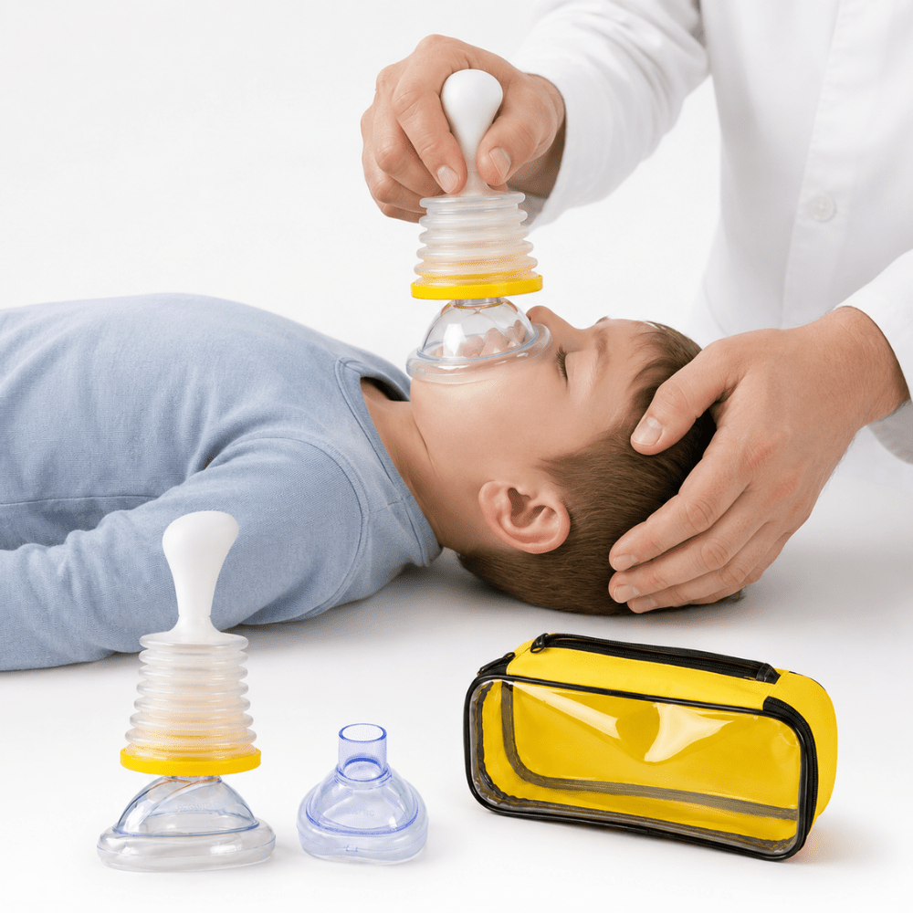 Portable manual airway suction device for choking rescue, featuring a lightweight design and includes both adult and child masks for effective emergency response. 2
