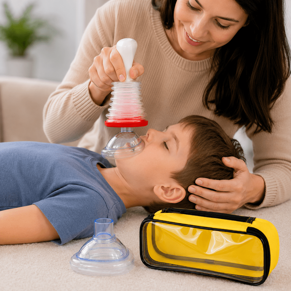 Portable manual airway suction device for choking rescue, featuring a lightweight design and includes both adult and child masks for effective emergency response. 5