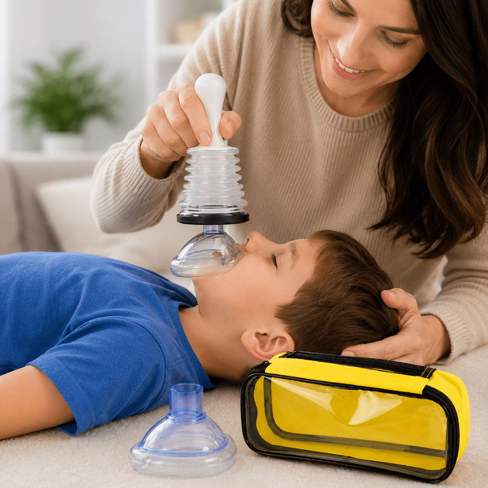 Portable manual airway suction device for choking rescue, featuring a lightweight design and includes both adult and child masks for effective emergency response. 4
