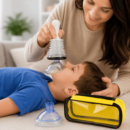 Portable manual airway suction device for choking rescue, featuring a lightweight design and includes both adult and child masks for effective emergency response. 4