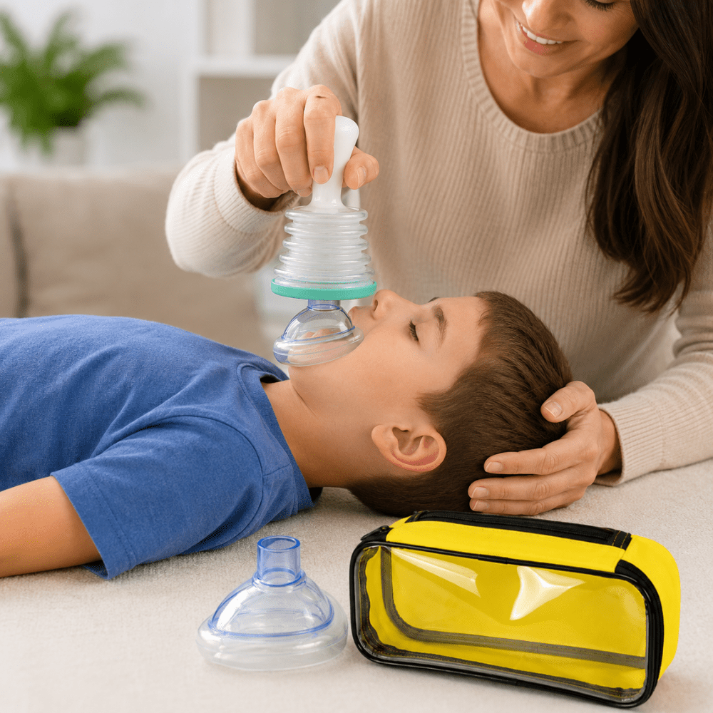 Portable manual airway suction device for choking rescue, featuring a lightweight design and includes both adult and child masks for effective emergency response. 0
