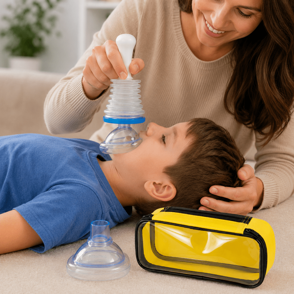 Portable manual airway suction device for choking rescue, featuring a lightweight design and includes both adult and child masks for effective emergency response. 6