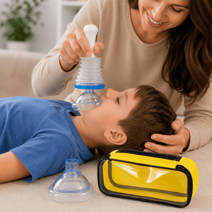 Portable manual airway suction device for choking rescue, featuring a lightweight design and includes both adult and child masks for effective emergency response. 6