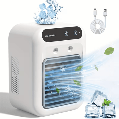 Portable mini desktop fan with USB rechargeable battery, designed as a compact personal air conditioner ideal for small spaces, featuring a sleek design and adjustable airflow settings. 2