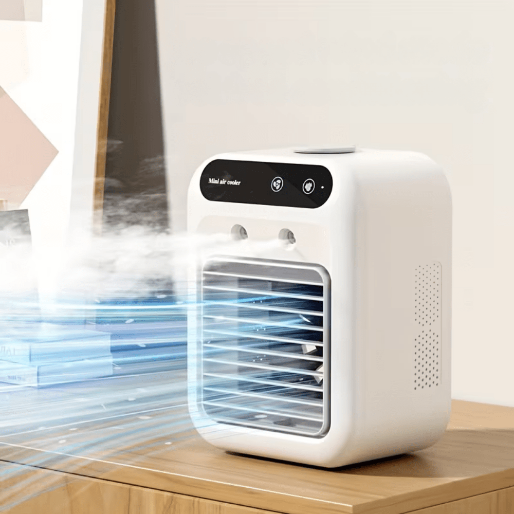 Portable mini desktop fan with USB rechargeable battery, designed as a compact personal air conditioner ideal for small spaces, featuring a sleek design and adjustable airflow settings. 4