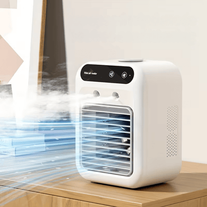 Portable mini desktop fan with USB rechargeable battery, designed as a compact personal air conditioner ideal for small spaces, featuring a sleek design and adjustable airflow settings. 4