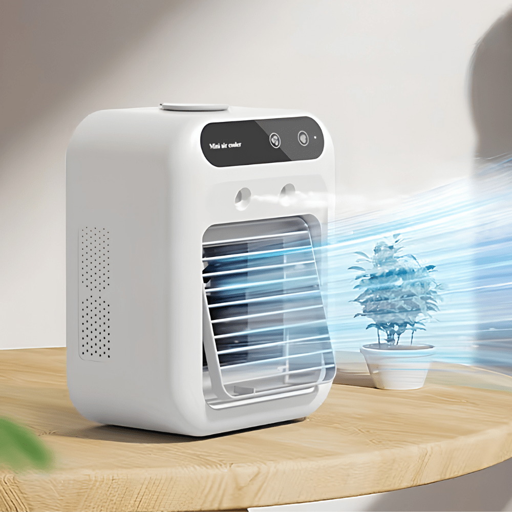 Portable mini desktop fan with USB rechargeable battery, designed as a compact personal air conditioner ideal for small spaces, featuring a sleek design and adjustable airflow settings. 0