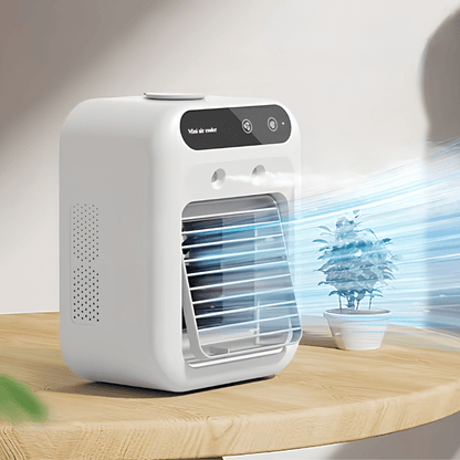 Portable mini desktop fan with USB rechargeable battery, designed as a compact personal air conditioner ideal for small spaces, featuring a sleek design and adjustable airflow settings. 0