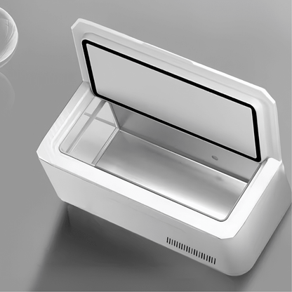 Portable Mini Fridge USB Cooler with Rechargeable Battery and LED Display, ideal for travel and desktop use, featuring a compact design for easy portability. 0